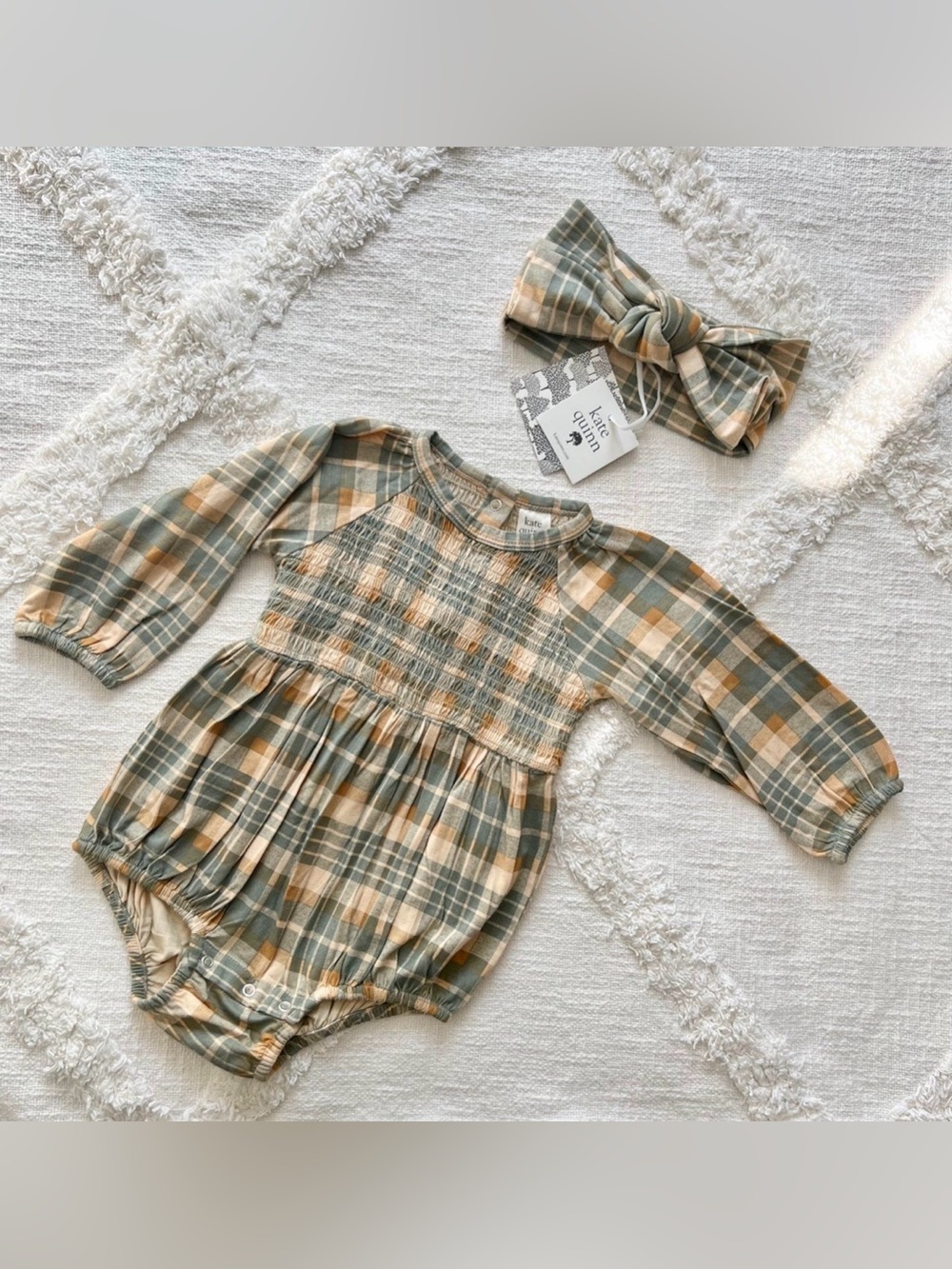 kate quinn Sage and Cream Plaid Smocked Baby Romper with Headband
